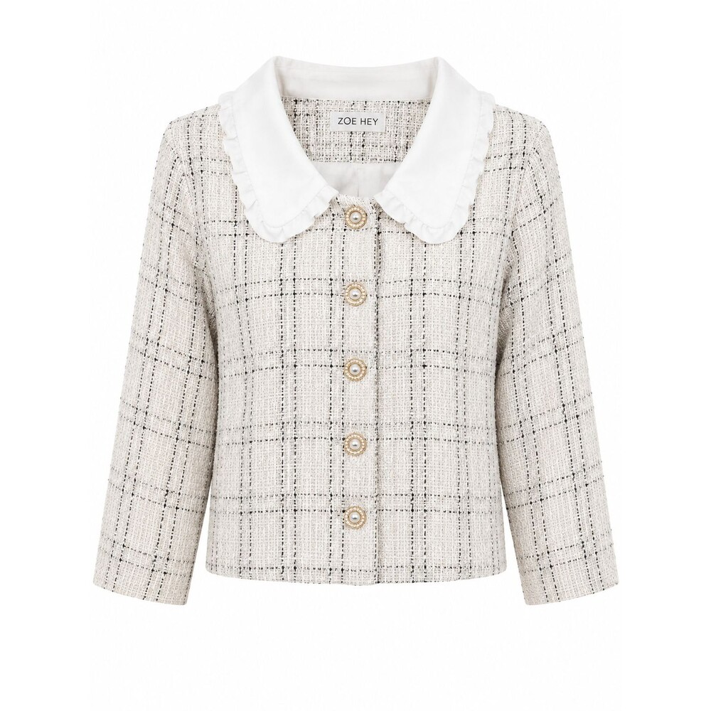 Korean Tweed Jacket Pearl Buttons Old Money Cropped Classic Elegant XS WOMAN